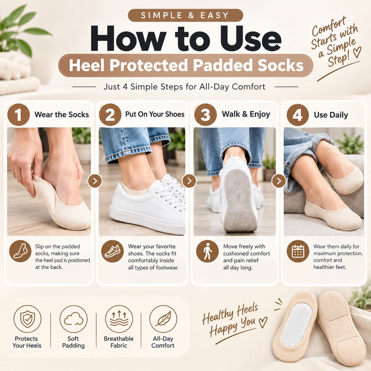 Double Padded Heel Protector Socks Pair β Releif For Heel Pain, Breathable & All Day Comfort
