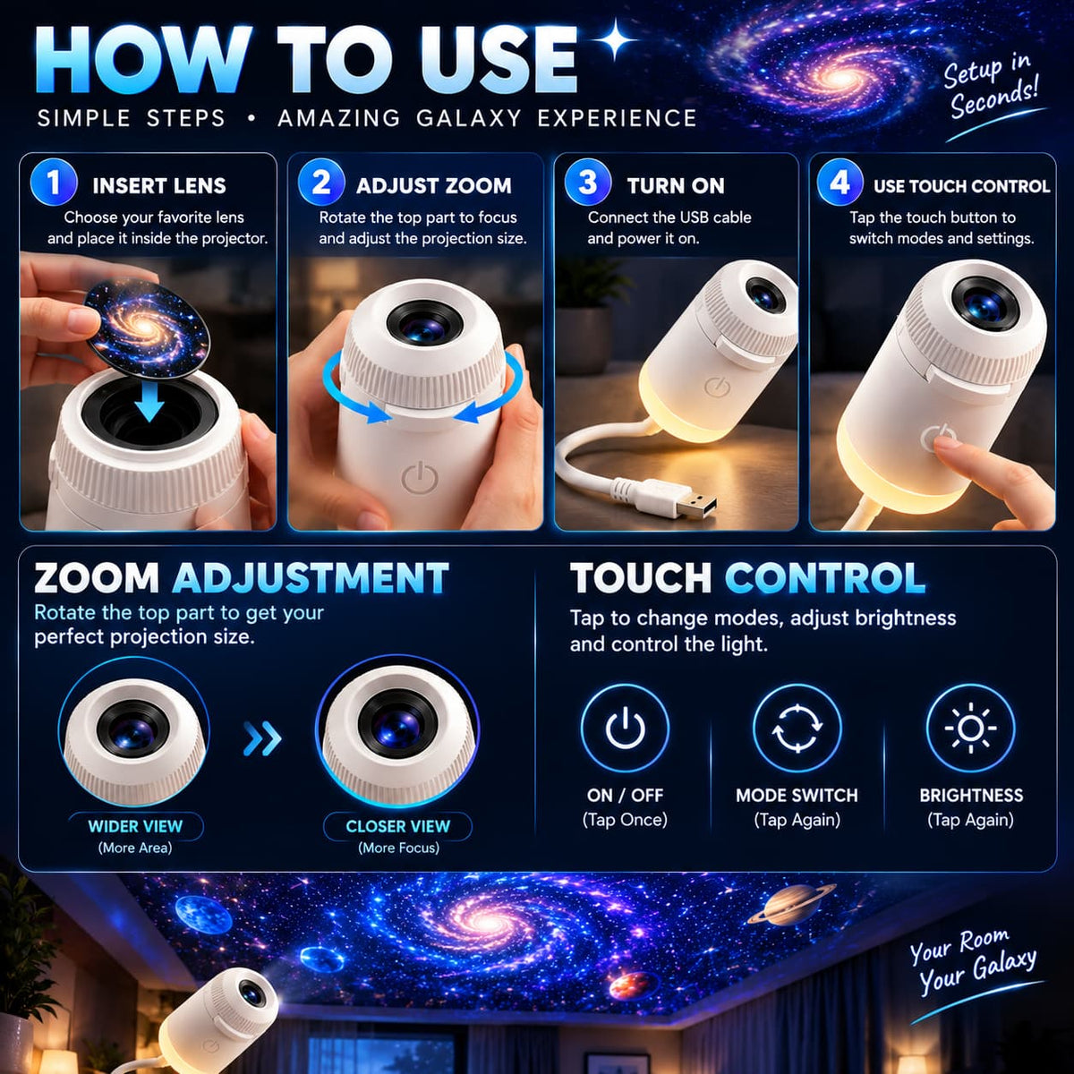 Original 6-in-1 Galaxy Star Projector Lamp – Adjustable Focus, Touch Control & USB Powered