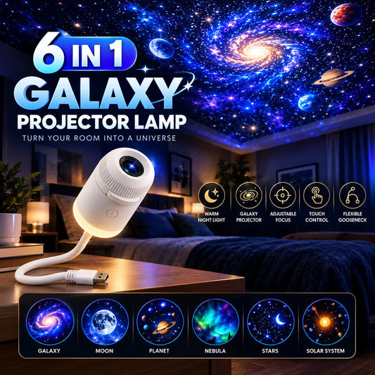 Original 6-in-1 Galaxy Star Projector Lamp – Adjustable Focus, Touch Control & USB Powered