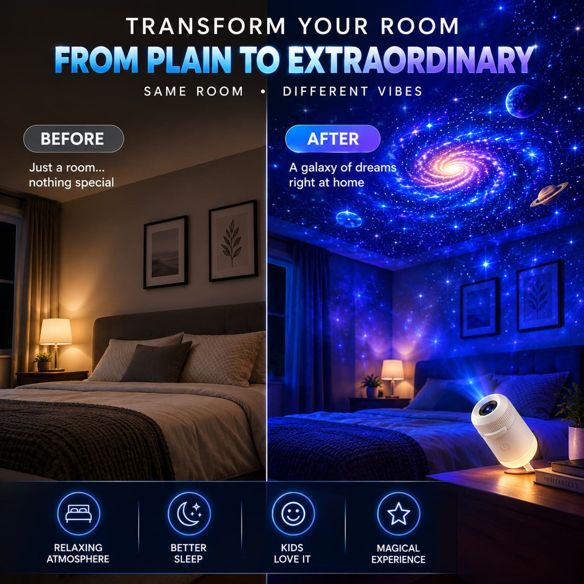 Original 6-in-1 Galaxy Star Projector Lamp – Adjustable Focus, Touch Control & USB Powered