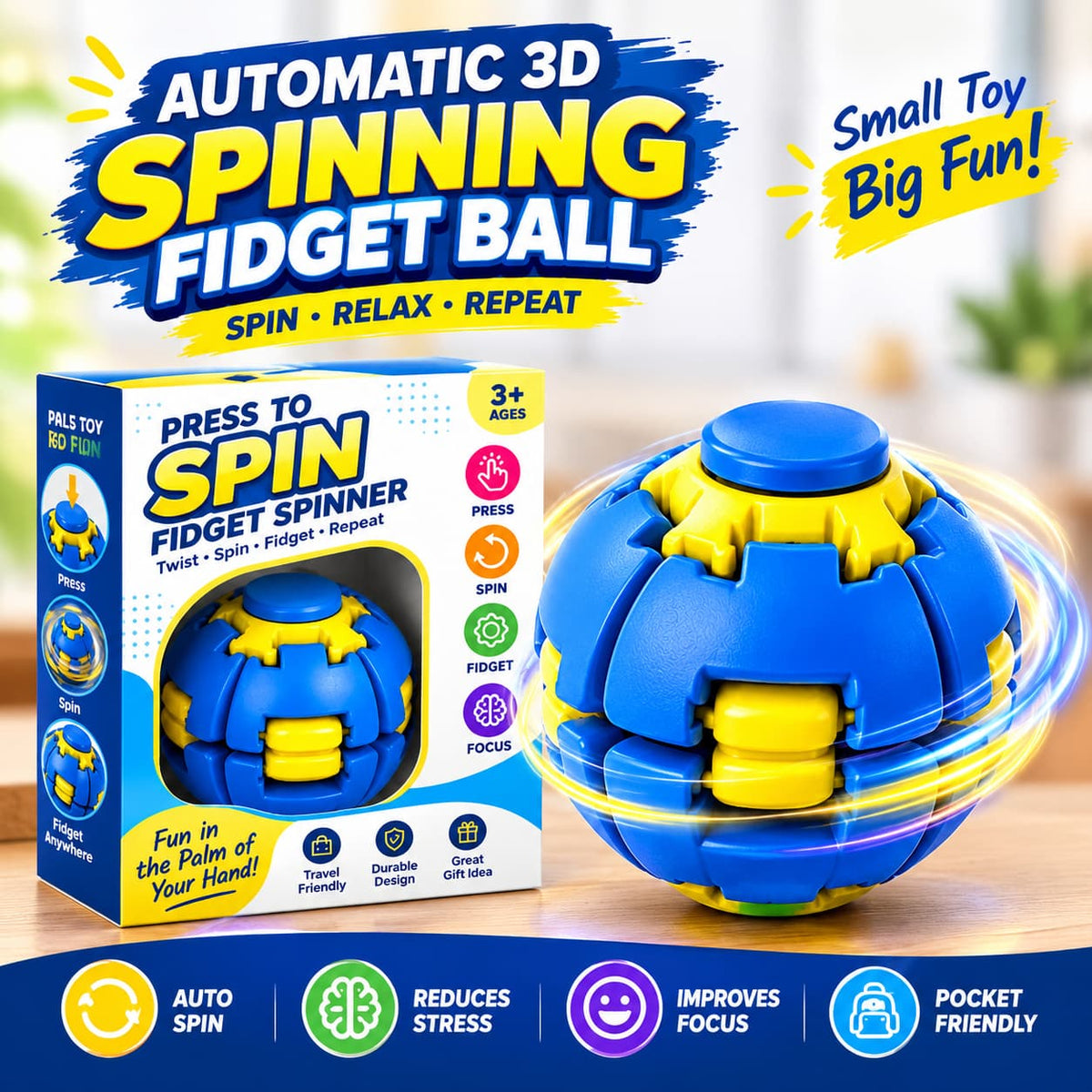 Automatic 3D Spinning Fidget Ball - Transformable Pop & Spin Toy for Kids, Stress Relief & Focus